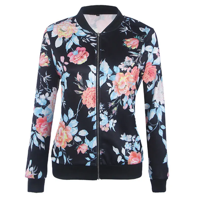 Gentillove Women Autumn Retro Floral Print Zipper Short Casual Jacket Long Sleeve Outwear Basic Jacket Bombe Famale Oversized