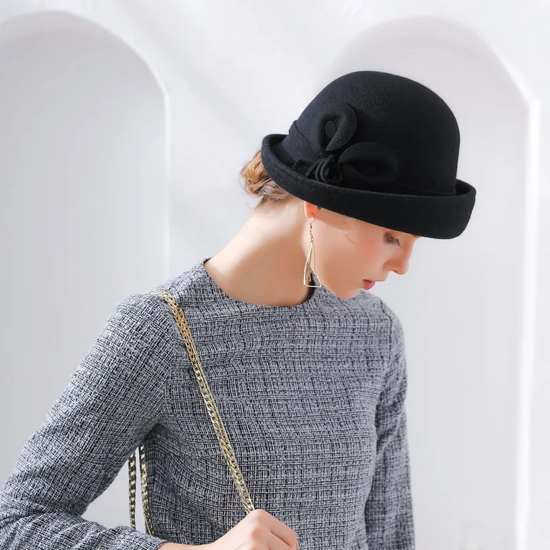 Lady Fedoras Hat Female Woolen Dome Cap Autumn and Winter English Elegant Wool Basin Hats Flower Leisure Joker Hat Adjust B8962