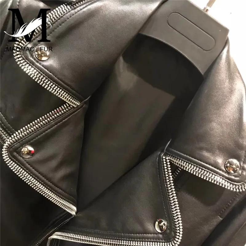 Fashion Genuine Leather Jacket Zippers Women Natural Sheepskin Coat Belt Lady Short Style Real Leather Coat for Women Spring