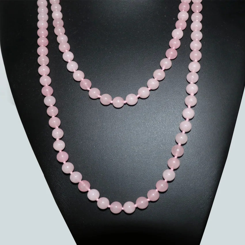 Long chain round beads necklace for women 8mm pink natural stone jades crystal chalcedony fashion women jewelry 50inch B2921