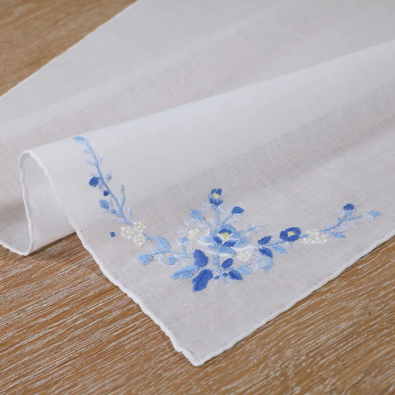 

S005-B : Delicate 100% cotton Handmade Embroidered/ hand embroidery blue rose handkerchief