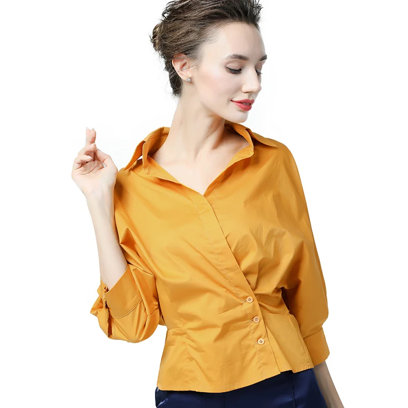 Yellow Blouse Women Cotton Seven Sleeve Turn-down Collar Top Triple Buttons Cardigan Elegant Loose FD04258824 Office Blouse