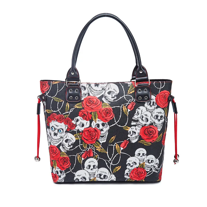 JIEROTYX Women Bags 2022 Famous Brand Luxury Handbag Skull Rose Flower Canvas Bag Women's Handbag Big Capacity Gothic Vintage