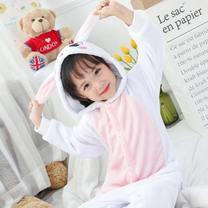 Kigurumi-Mono de dibujos animados para niño y niña, ropa de dormir con conejo rosa, para invierno