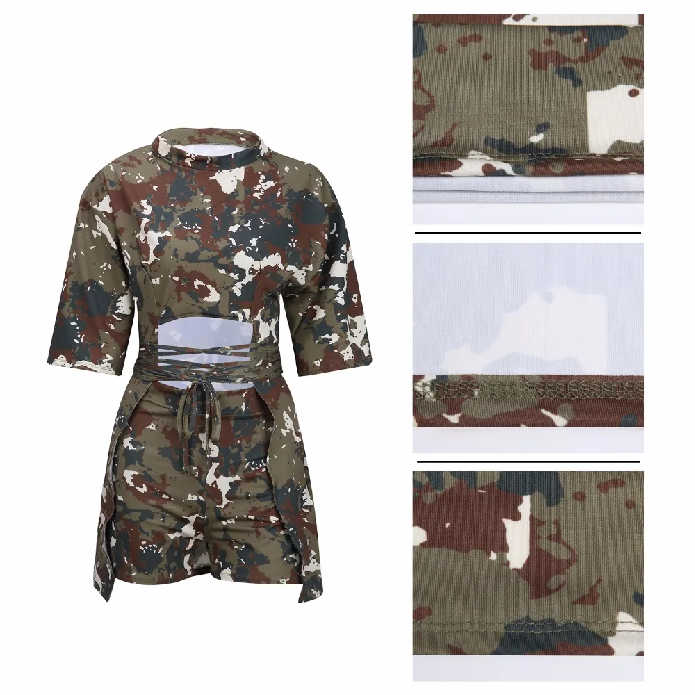 HOOYI 2019 Sexy Women Clothes Sets Camouflage Mini Dress crop top Summer Shorts cropped Tops Plus size Short Pants