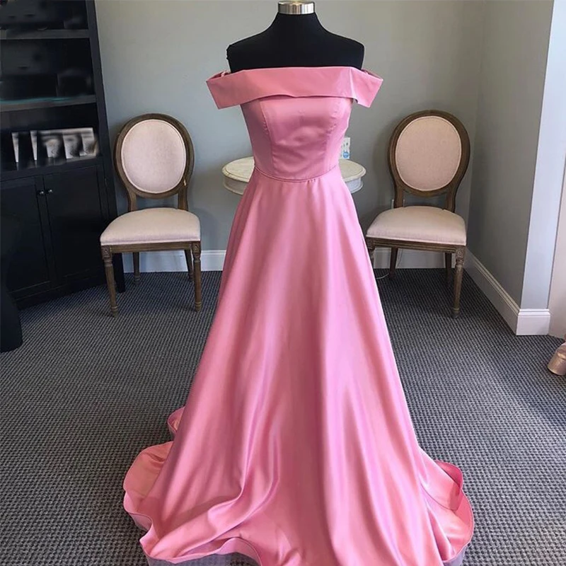 Simple A-line Pink Prom Dresses Off The Shoulder Satin Women Formal Party Gowns 2019 Cheap Prom Gown Custom Made Robe De Soiree