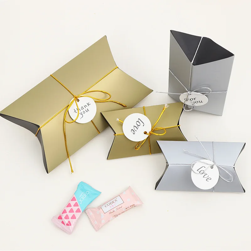 

20Pcs Paper Pillow Box Ribbon Bow Present Carton Pouch Kraft Paper Bag Gift Boxes Wedding Party Supply Customize