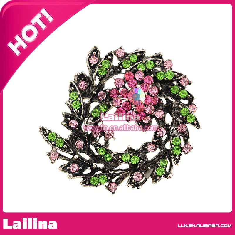 100pcs/lot green and pink rhionestone flower brooch wreath brooch