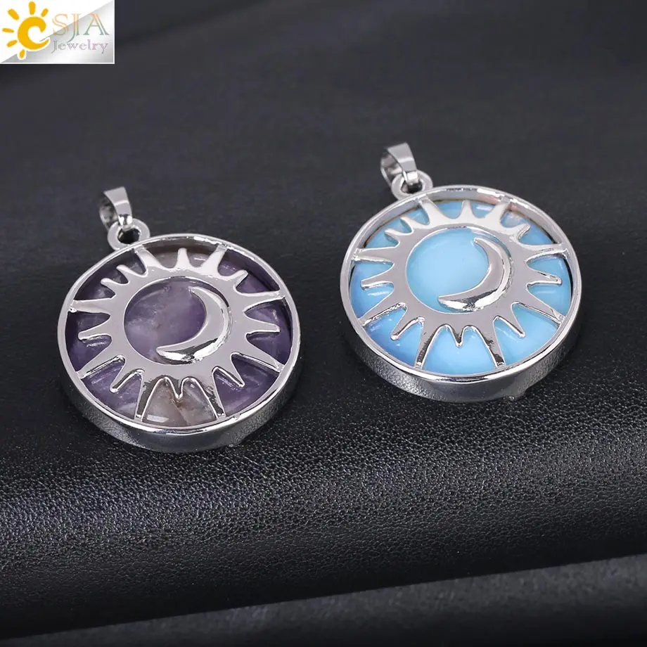 Sun & Moon Reiki Healing Natural Stone Pendant Amethysts Clear Crystal Quartz Charms for Jewelry Making Necklace Women Men F336