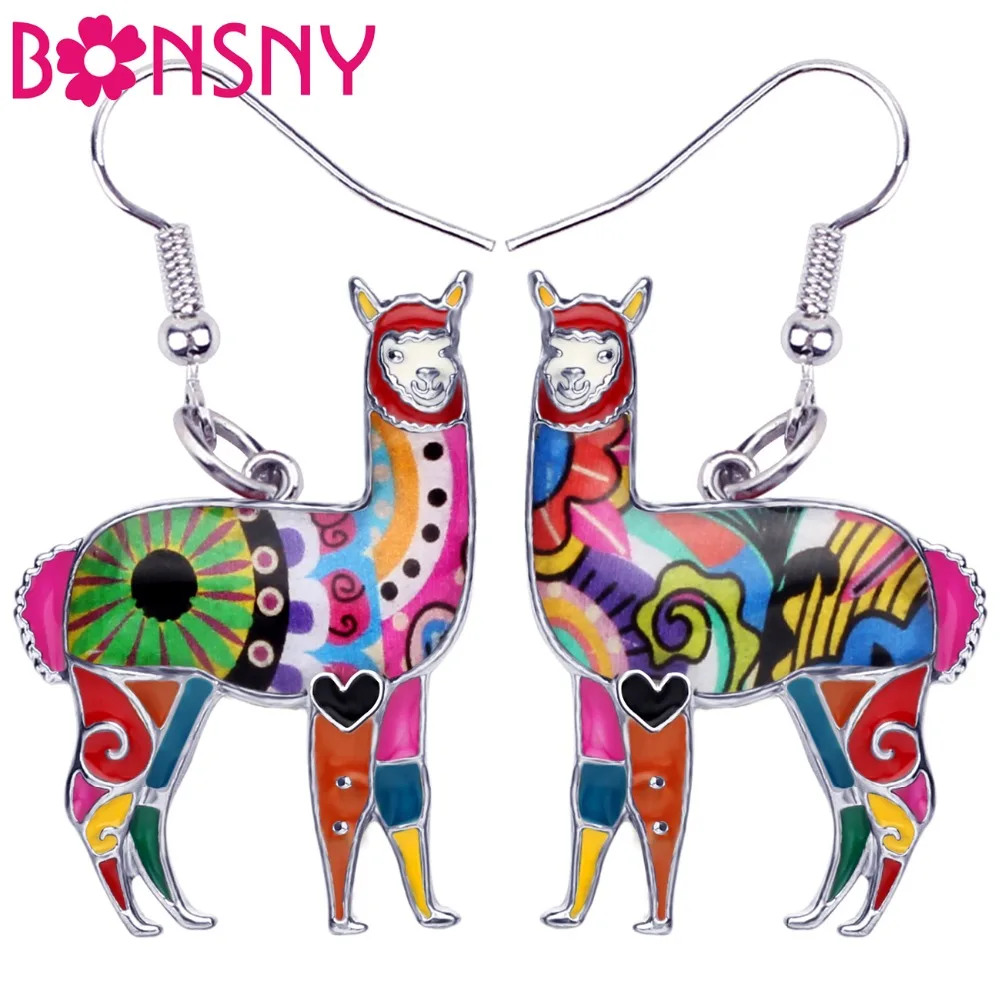 Bonsny Enamel Alloy South America Alpaca Earrings Drop Dangle Fashion Animal Jewelry Women Girls Gift Brincos Accessories Bijoux