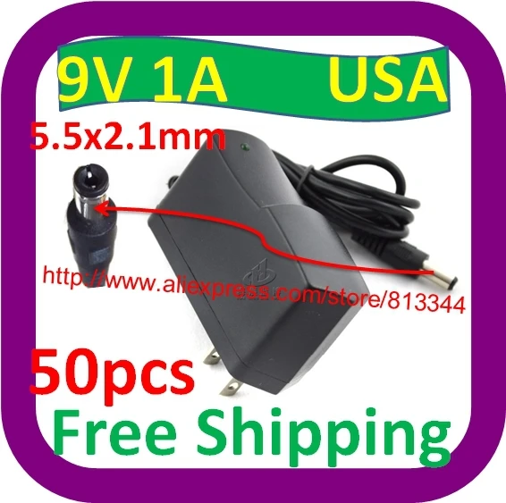 50 pcs Free Shipping 100V-240V AC to DC charger USA Plug 9V 1A switch Power Supply Adapter USA 5.5MM*2.5MM