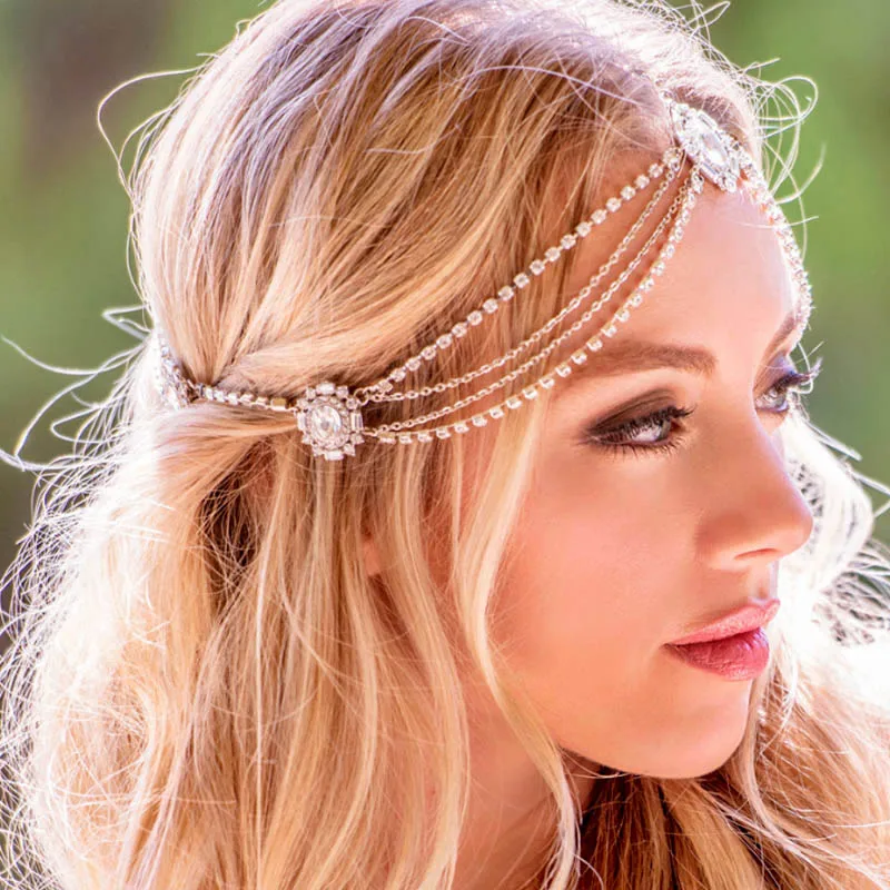 Stonefans Bohemian Vintage Full Rhinestone Bridal Headband Chain for Women Wedding Crystal Forehead Headband Hair Accessories