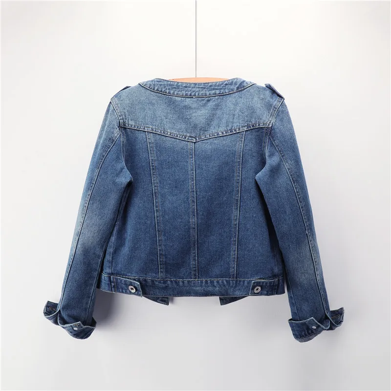 Plus Größe Runde Kragen Jeans Jacke 4XL 5XL Süße Frauen Licht Blau Bomber Kurze Denim Jacken Langarm Jaqueta Casual coa