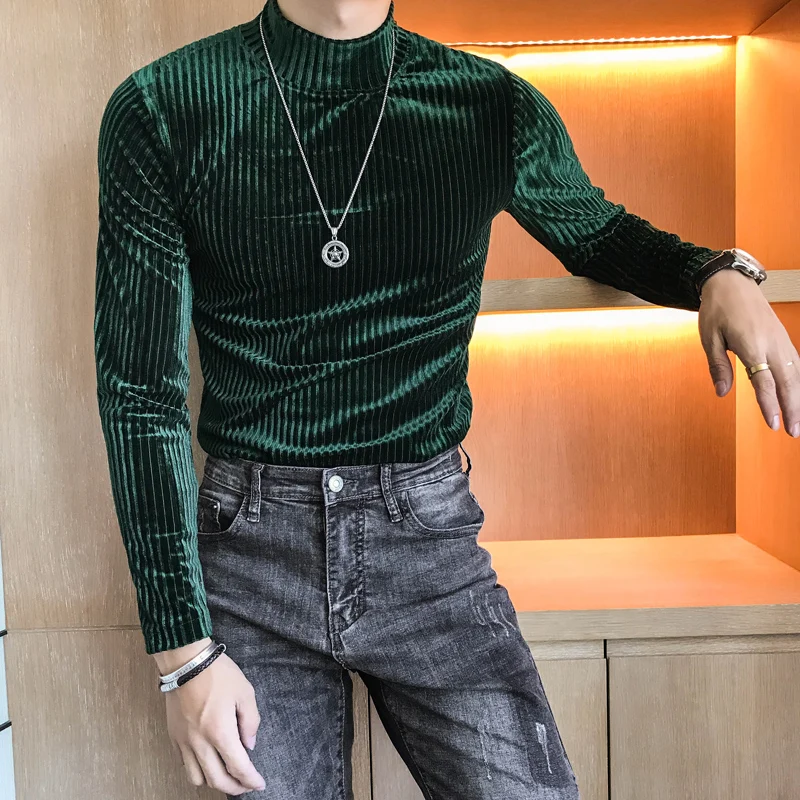 Velours Homme 2019 Autumn Heren Velvet T shirt Green Turtleneck Khaki T Shirts Mens Stripe T-shirts Slim Fit Mens T Shirt Retro