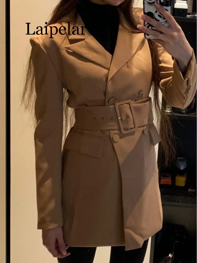 

Laipelar Fashion 2019 Women Khaki Casual Spring Autumn Jacket Female Elegant Adjustable Waist With Belt Long Sleeve