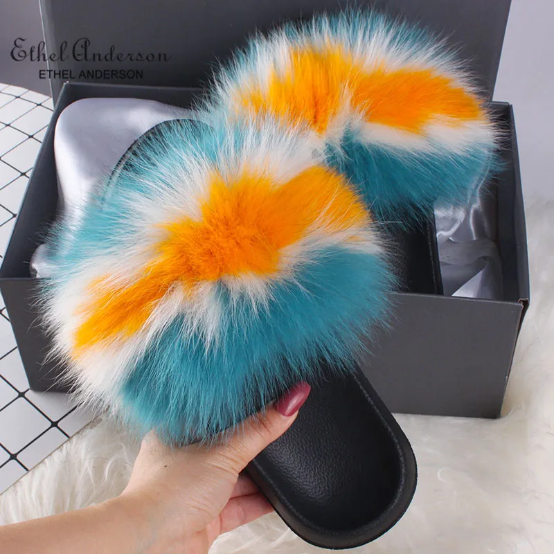 Wholesale 100% Real Fox Fur Slippers Slides Women's Luxurious Flip Flops Plus Fur Sandals Flat Shoes