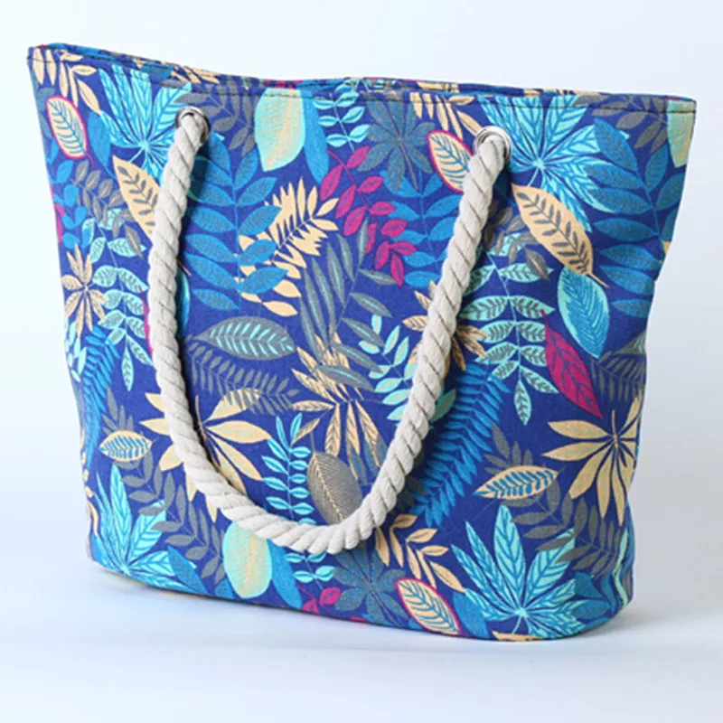 Foldable Shopping Bags Zipper Portable Leaf Print Beach Shopping Tote Bag Large Capacity Reusable Handbags for women Summer 2022