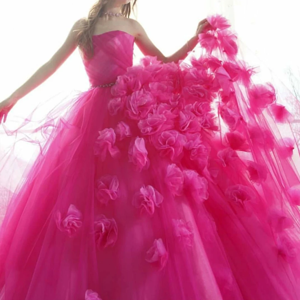 Vestidos de Fiesta rosados 2019 vestidos de noche con pliegues de flores hechos a mano