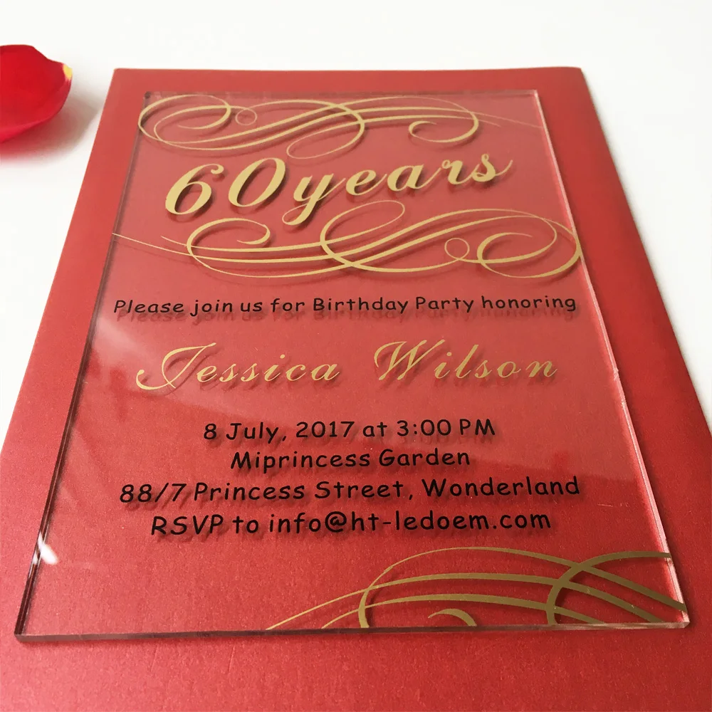 Customized 100pcs per lot 5x7inch Clear acrylic 60th birthday invitation card