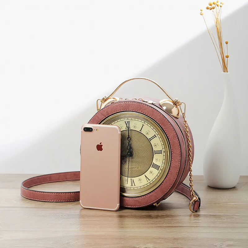 Personalized Funny Real Clock Shape Leather Bag Circular Ladies Handbag Chain Purse Shoulder Bags Crossbody Messenger Bag Bolsa