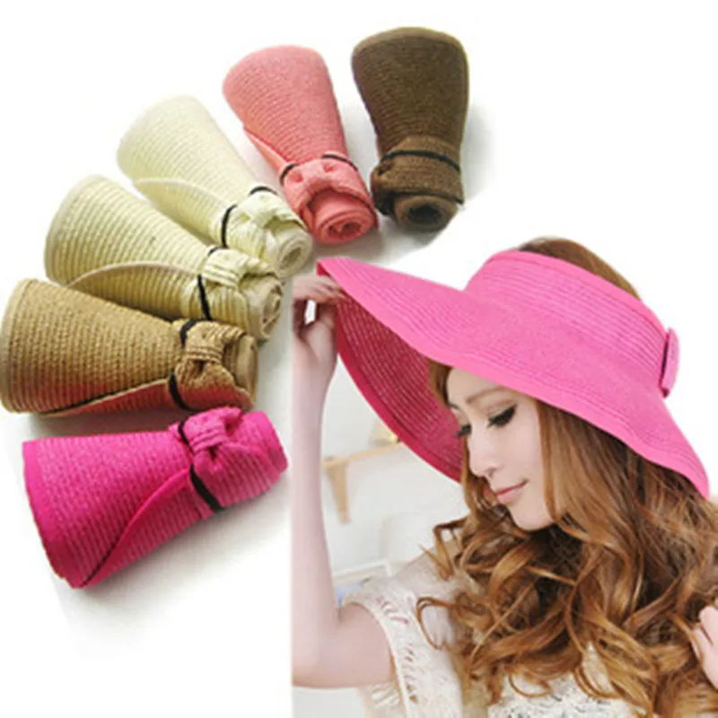 17 Colors Beach Cap Summer Hats Fashion Bowknot Sun Visor Women Large Brimmed Hat Ladies Straw Hats Folding parent-child hat