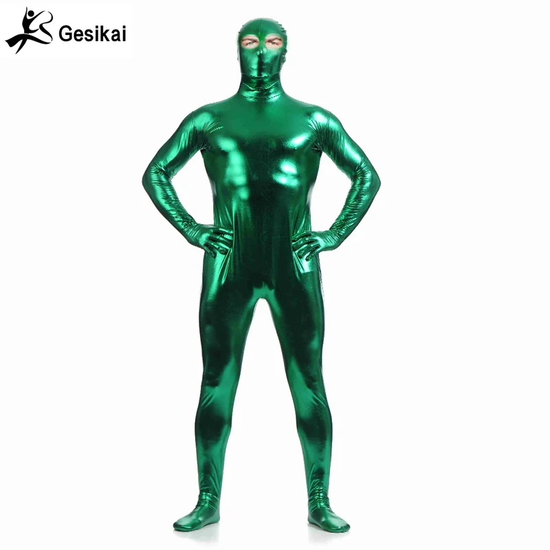 Metaliczne kostiumy z otwartymi oczami kombinezon seksowny Unisex Zentai kombinezon przebranie na imprezę halloweenową jednoczęściowy Plus rozmiar 3XL