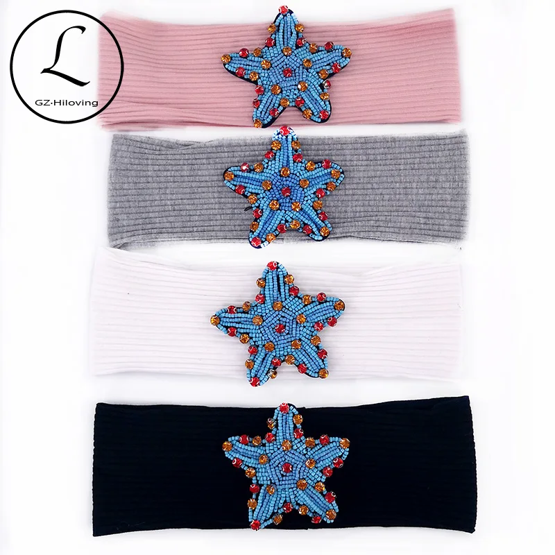 

GZhilovingl Ladies Blue Star Beads Cotton Headbands Summer Thin Cotton Stretch Ribbed Headwear Hair Band Accessories For Women