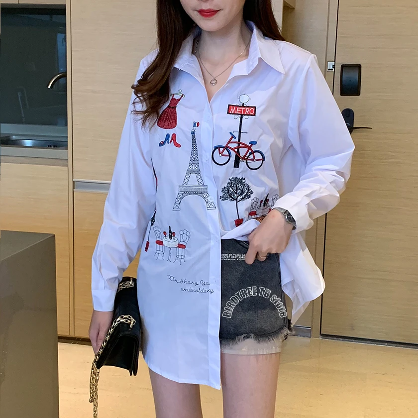 Women Embroidery Long White Blouse Button Up Turn Down Collar Full Sleeve Shirt Tower Cat Bicycle Casual Feminina Top T96415F