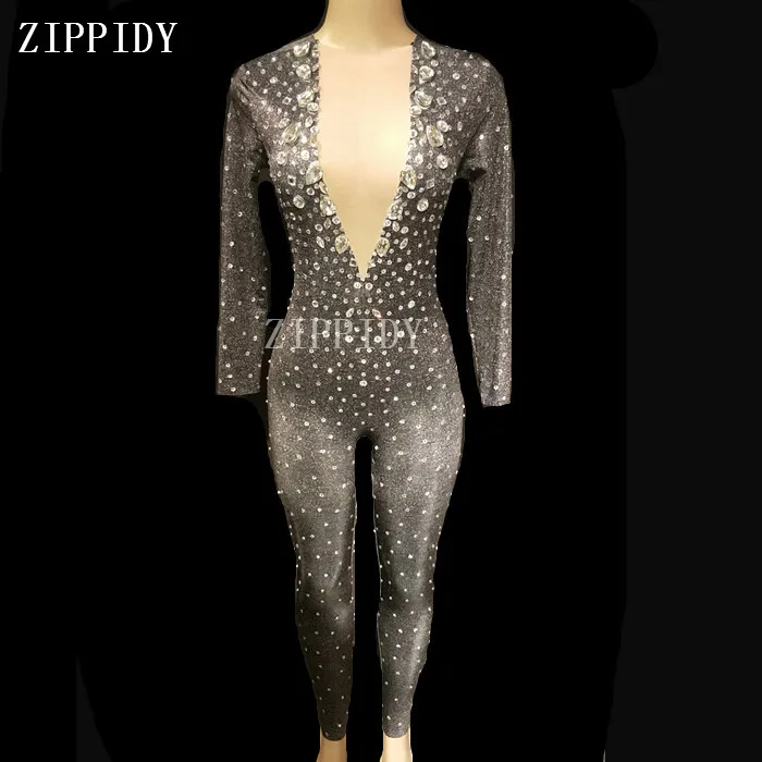 ออกแบบใหม่ Sparkly หินสีดำ Jumpsuit เซ็กซี่ Rhinestones Bodysuit นักร้องหญิง Rompers Stage Wear เต้นรำสวมใส่ชุด YOUDU