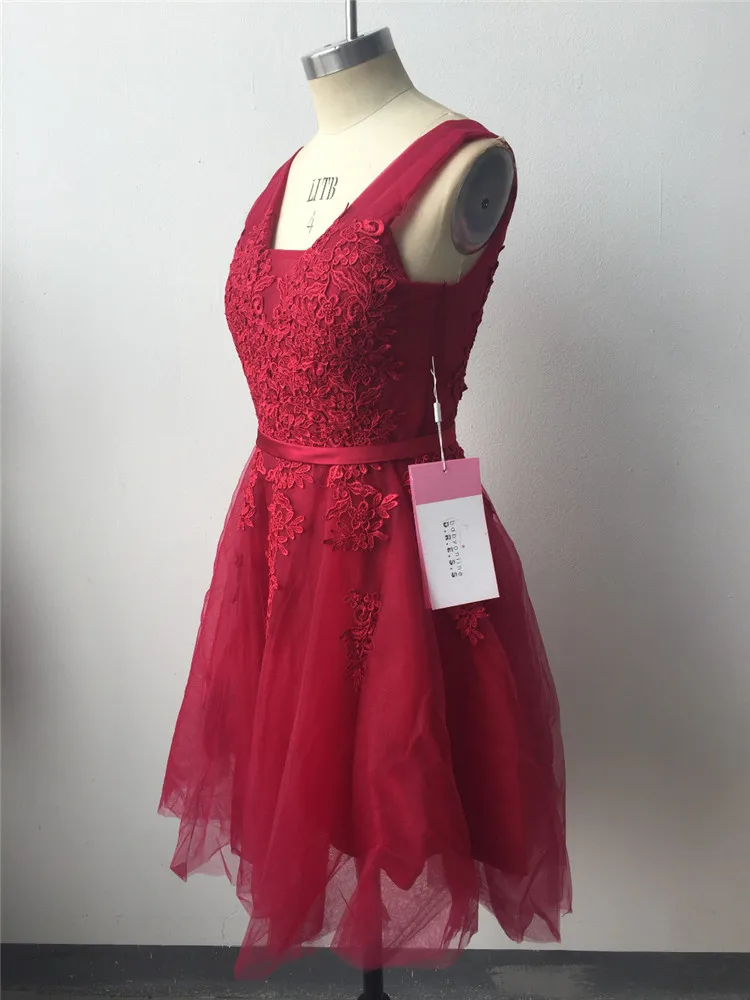 Vestidos de Fiesta Rosa cortos 2019 elegante línea A doble cuello en V sin mangas apliques de encaje vestido de graduación vestidos de gala