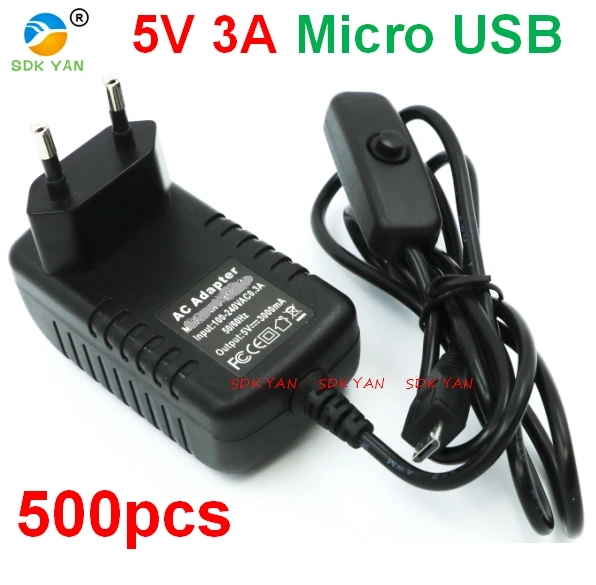 

500 pcs EU plug 5V 3A micro usb Raspberry Pi 3 Power Supply Switch Button Power Adapter Micro USB for Raspberry Pi 3 Model B 3a