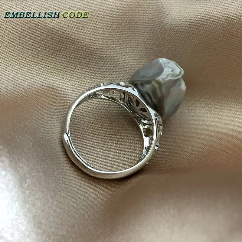 Adjustable size Resize baroque pearl 925 silver Ring simple classical gray Lustrous tissue nucleated fire ball flameball  women