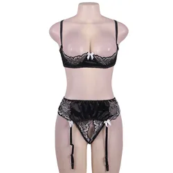 Conjunto de lencería Sexy de encaje negro con cuello Halter para mujer, sujetador abierto de talla grande, lencería transparente Floral, sujetador Sexy erótico caliente con liga