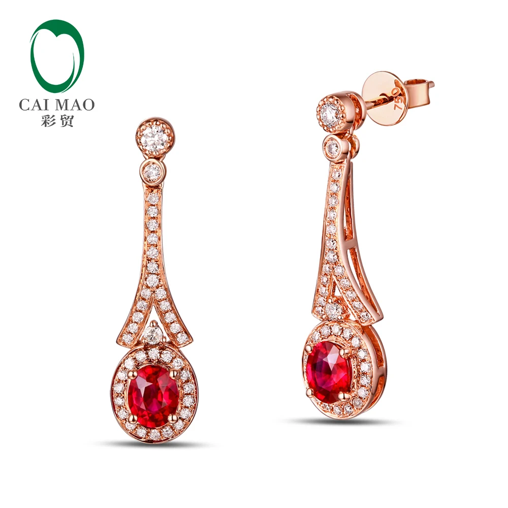 CaiMao 18KT/750 Rose Gold 1.18ct Natural Red Ruby 0.44ct Round Cut Diamond Engagement Gemstone Earrings Jewelry