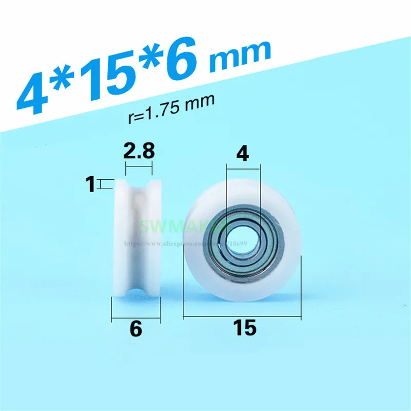 1 sztuk 4*15*6mm nylonu powlekane z tworzywa sztucznego micro-koło pasowe łożyska, ruchome drzwi i okna, wklęsłe w kształcie litery U rowkowane koło prowadzące