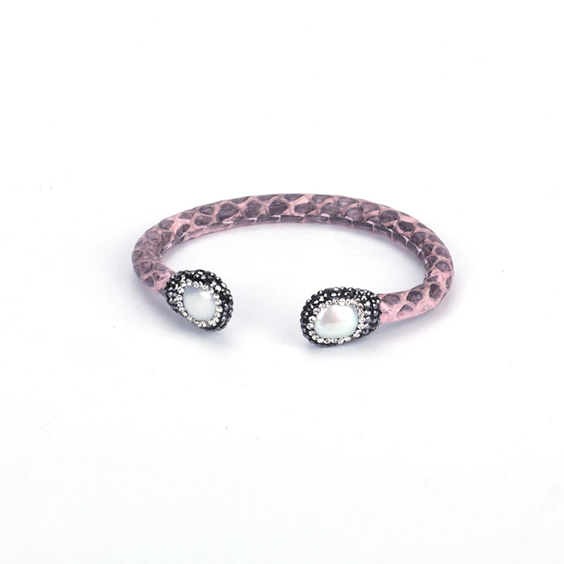 New Freshwater Pearl Bead Charm Pave Rhinestone Grey Rose Dark Blue Real Leather Adjustable Wrap Open Bangle Bracelet Cuff Women