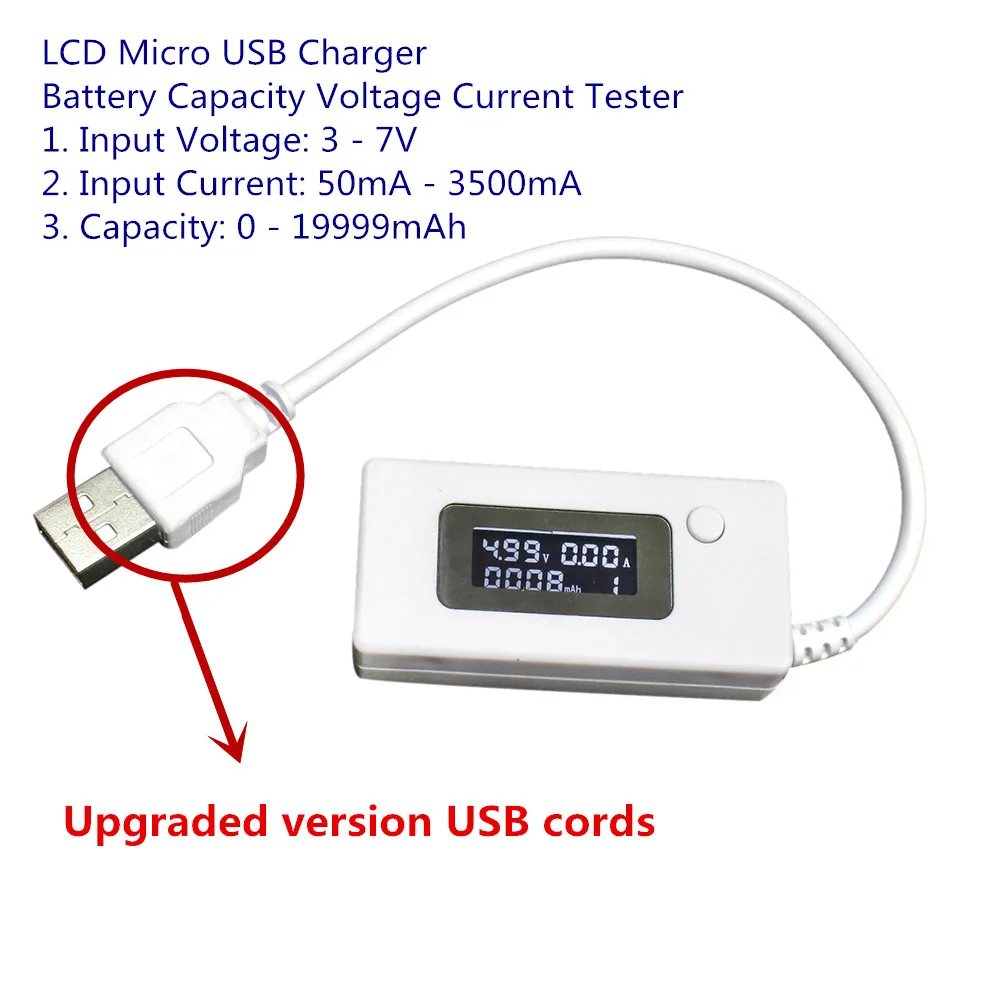 LCD Micro USB Charger Battery Capacity Voltage Current Tester Meter Detector White/Black Color+Load Resistor 2A/1A With Switch