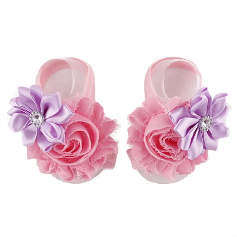 2024 Hooyi Diamond Baby Girls Foot 2 Flower Newborn Shoe Hand Bands Elastic Hair Accessories Socks Chiffon Boy Slipper F3