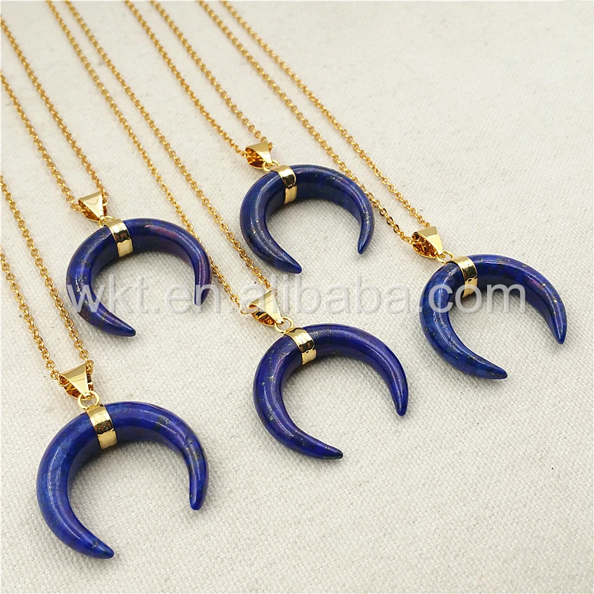 WT-N852 Wholesal Blue Lapis Stone Horn Necklace with 24K gold color in high quality Natural Stone Lapis Horn jewelry