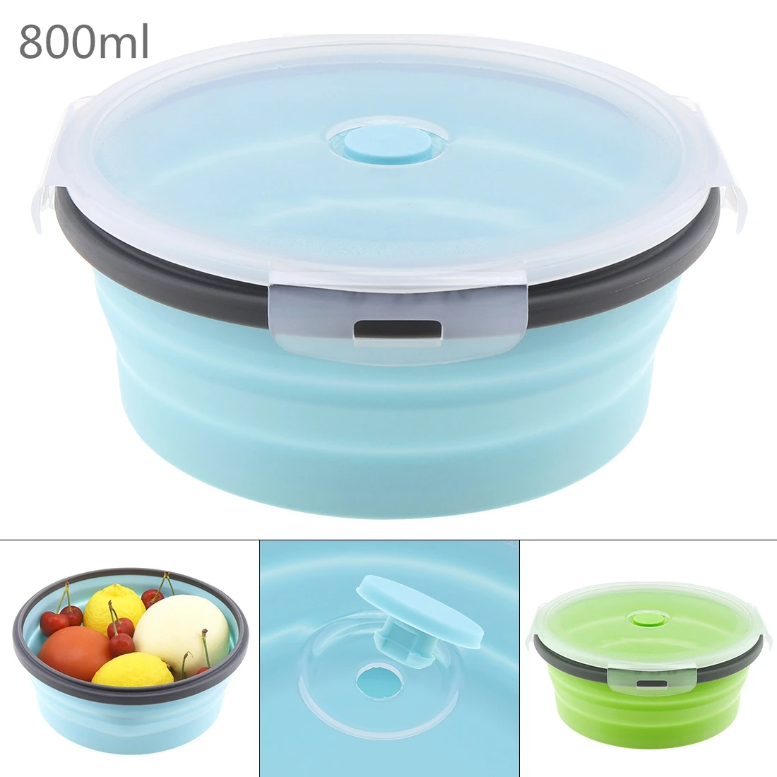 800ML Portable Circular Silicone Scalable Folding Lunchbox Bento Box with Silicone Sealing Plug for - 40~230 Centigrade