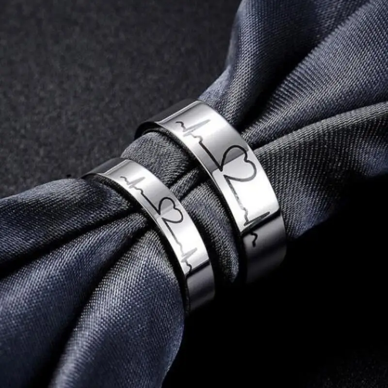 Heartbeat ECG Couple Ring Titanium Steel Engagement Ring He and her Commitment Love Token Best Gift
