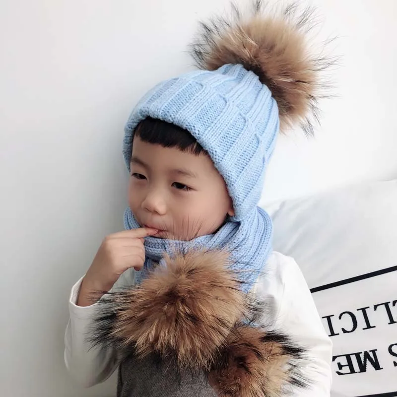 Kinderen Winter Muts Sjaal Set Baby Warm Gebreide Beanie Jongens Meisjes Echt Bont Pompom Hoed Voor Kinderen Winter Cap Skullies mutsen