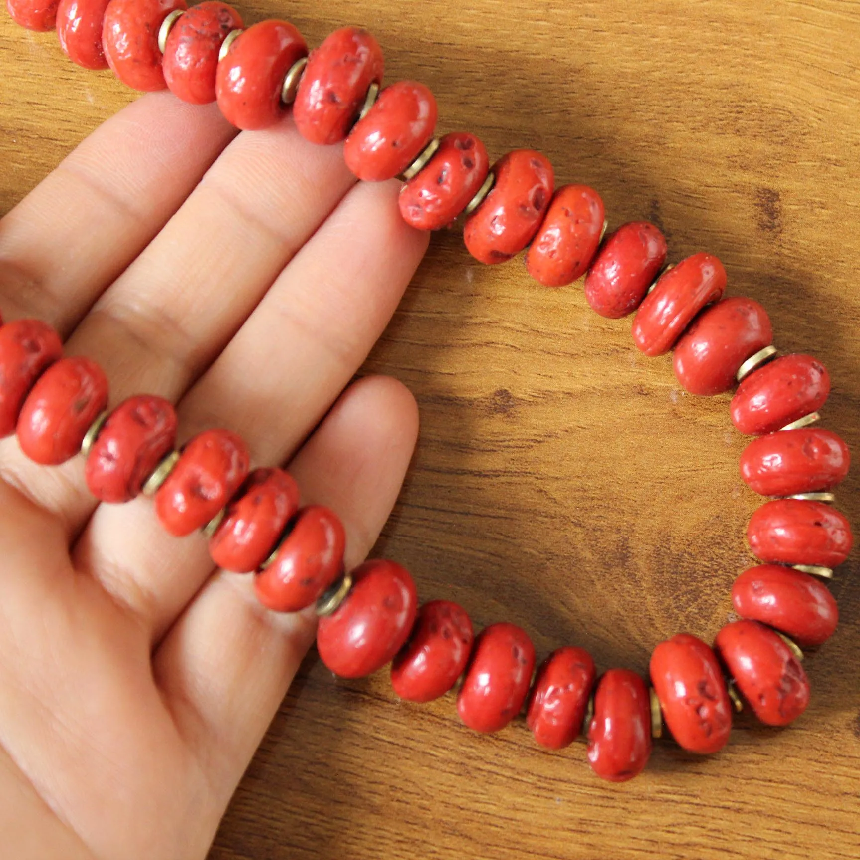 NK215 Vintage Tibetan 13mm Red Glass Beads Brass Metal Spacer Women Necklace