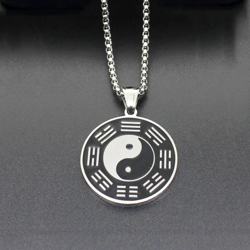 316L stainless steel Silver color Enamel Black White Circle Bagua Tai Chi Ying Yang Pendant Collar Lucky Necklace Jewelry