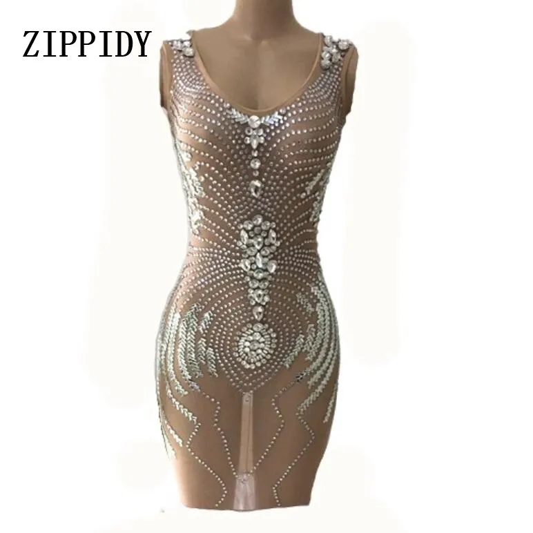 New Glisten Silver Rhinestones Feather Tail Nude Mesh Dress Big Stones Women's Birthday Party Wear Nightclub Show Sexy Costume