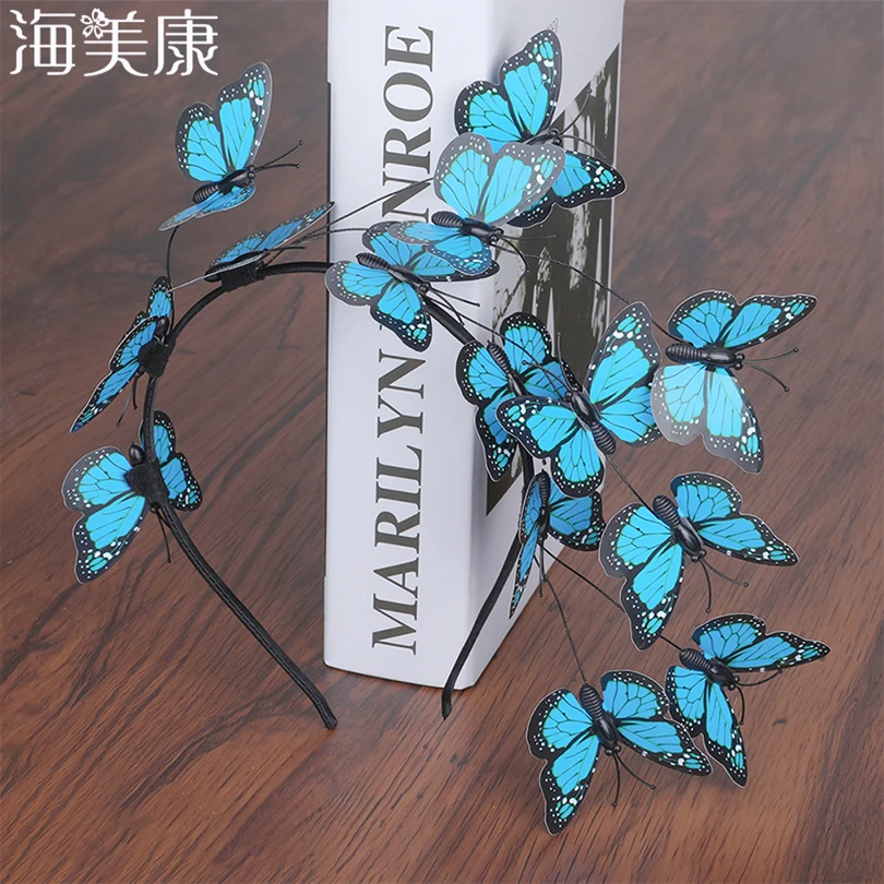 Haimeikang Handmade Blue Butterfly Headband Big Ladies Costume Hair Accessories Show Ladies Tea Show Hairband Headpieces