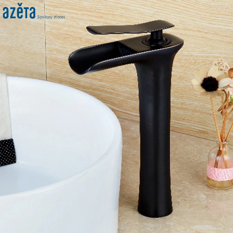 

Luxury Black Single Handle Basin Faucet Bathroom Brass Material High Waterfall Hot & Cold Water Washbasin Mixer Tap AT7206HB