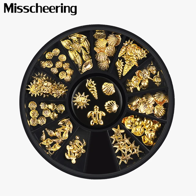 1 Pudełko Złoty Motyw Oceanu Metalowe Szpilki Sea Starfish Shell Turtle Slice Flakes 3d Nail Art Decoration In Wheel DIY UV Manicure Tools