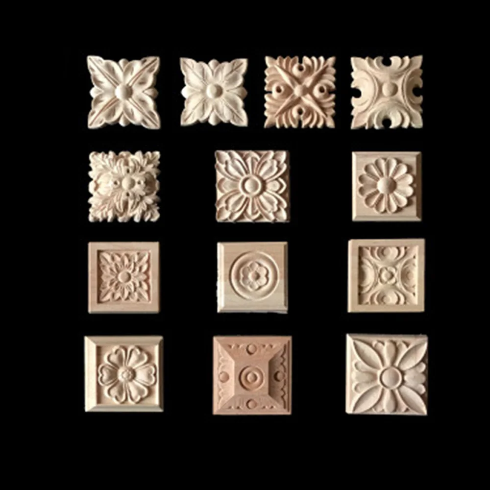 10PCS 5*5CM Furniture Wood Carving Appliques Vintage Natural Decor Cabinet Door Wood Decals Flowers Pattern Carved Wood Crafts