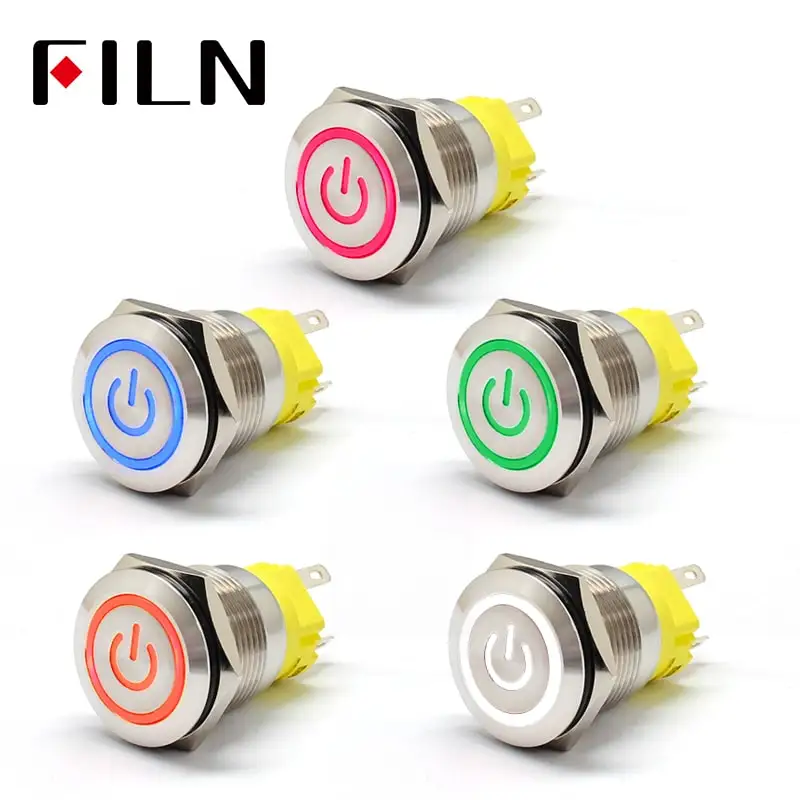 

19mm 6V 12V 110V 220V LED Momentary Latch Stainless Steel anti vandal waterproof metal Push Button Switch with Power symbol UL